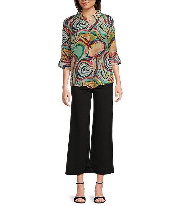 APNY Abstract Print Point Collar Roll Sleeve Button Front Blouse Product Image