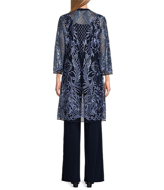 R & M Richards 3/4 Sleeve Round Neck Embellished Sequin Duster Jacket 3-Piece Pant Set Product Image