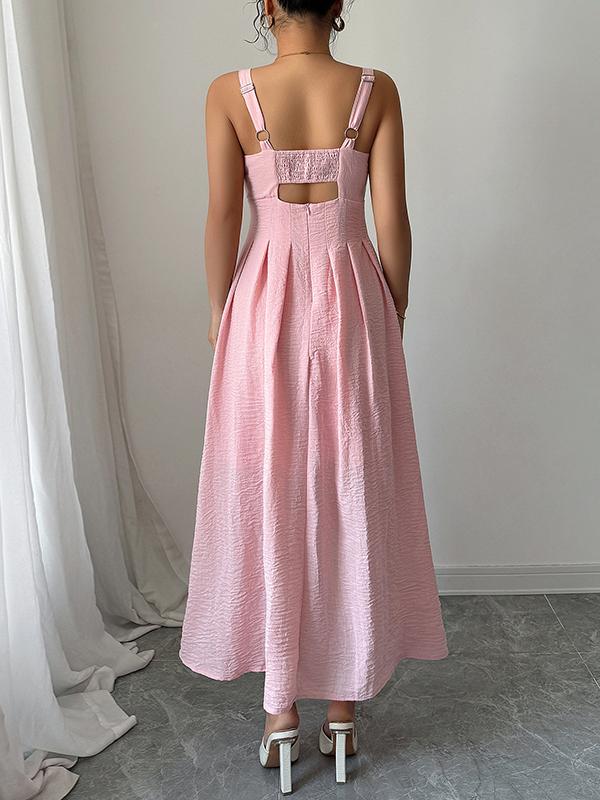 A-line High Waisted Backless Hollow Pleated Solid Color Zipper Spaghetti-Neck Midi Dresses Product Image