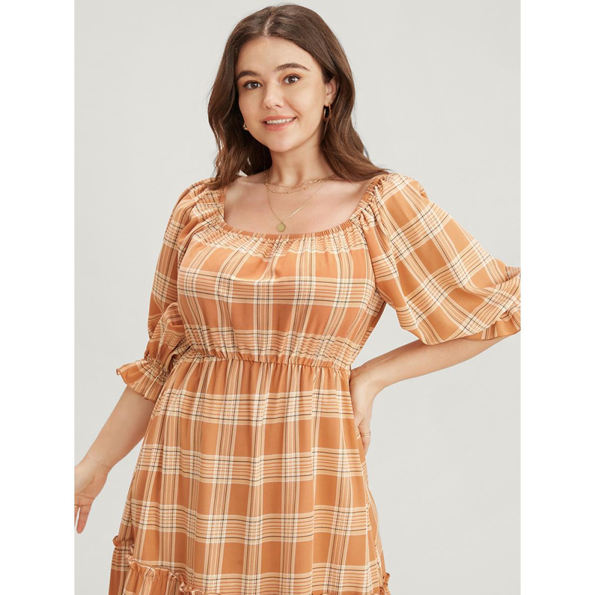 Plus Size Plaid Square Neck Lantern Sleeve Pocket Flutter Dress LightBrown Women Elegant Tiered Square Neck Half Sleeve Curvy Midi Dress BloomChic 22-24/3X Product Image