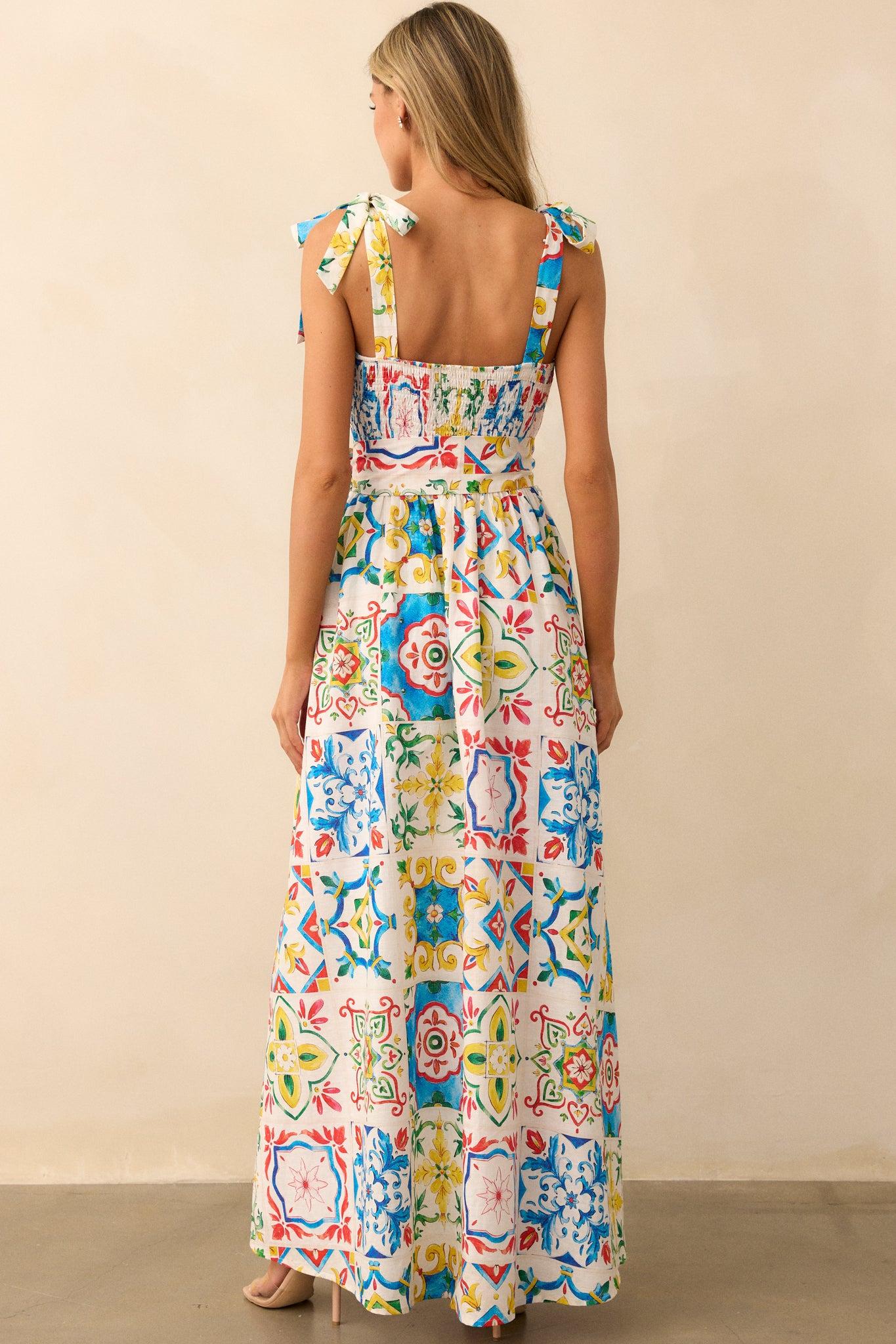 Prosperina Giovanna Blue Multi Sicilian Tile Print Linen Maxi Dress Product Image