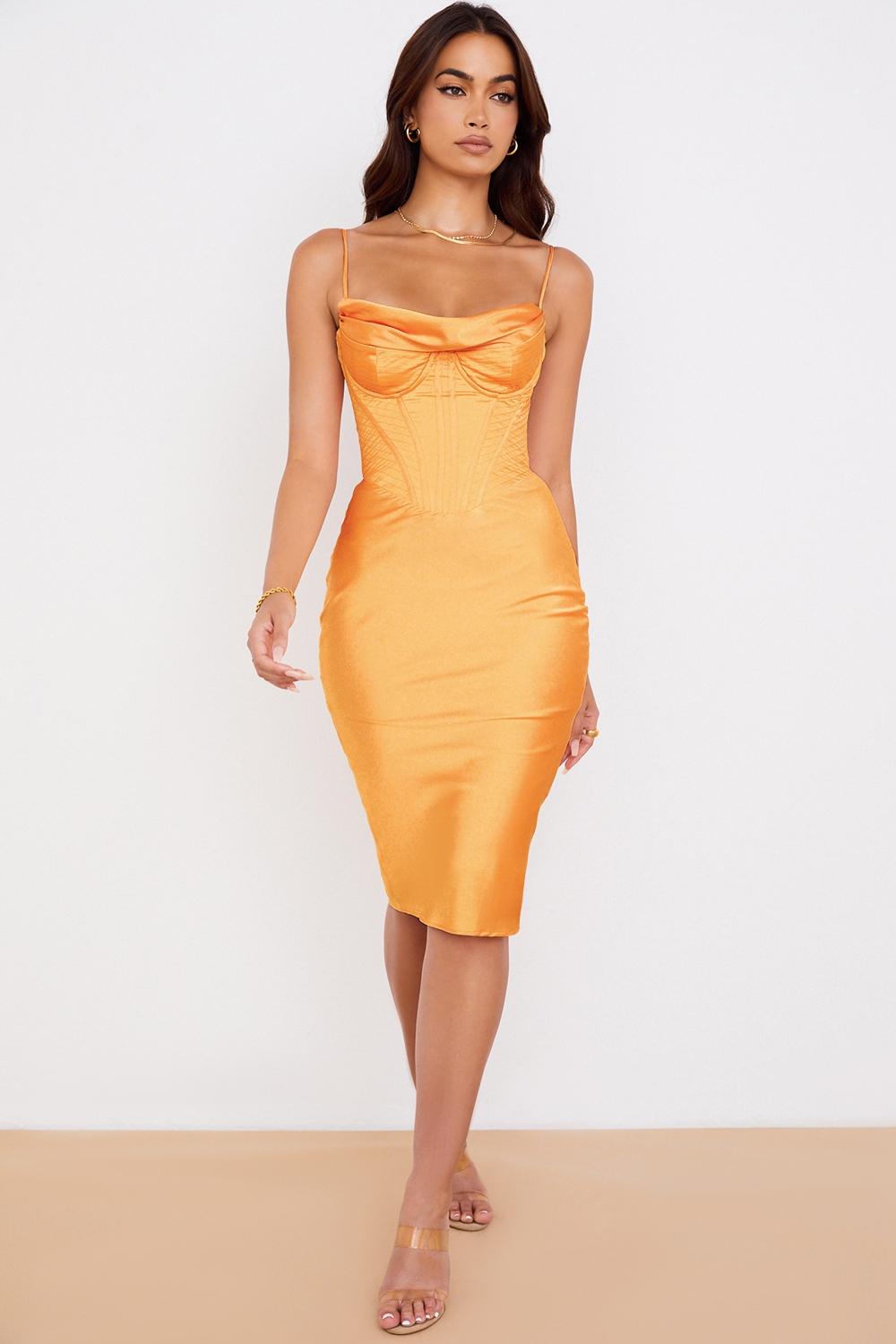 Myrna  tangerine satin corset midi dress Product Image