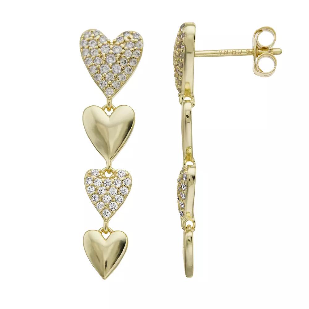 14k Gold Over Silver & Cubic Zirconia Double Stampato Heart Dangle Earrings, Women's, Gold Tone Product Image