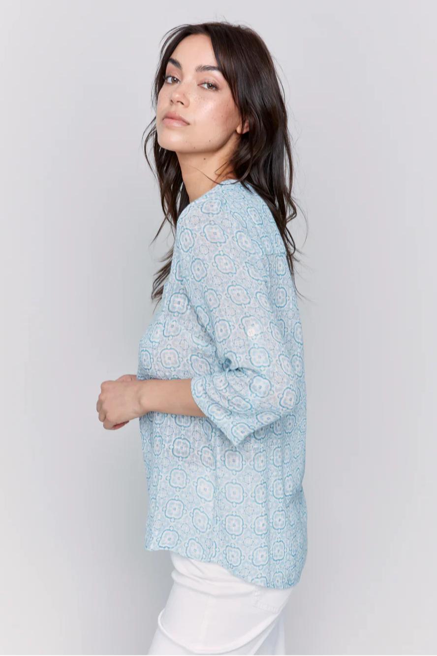 Printed Roll Up Sleeve Cotton Gauze Blouse Product Image