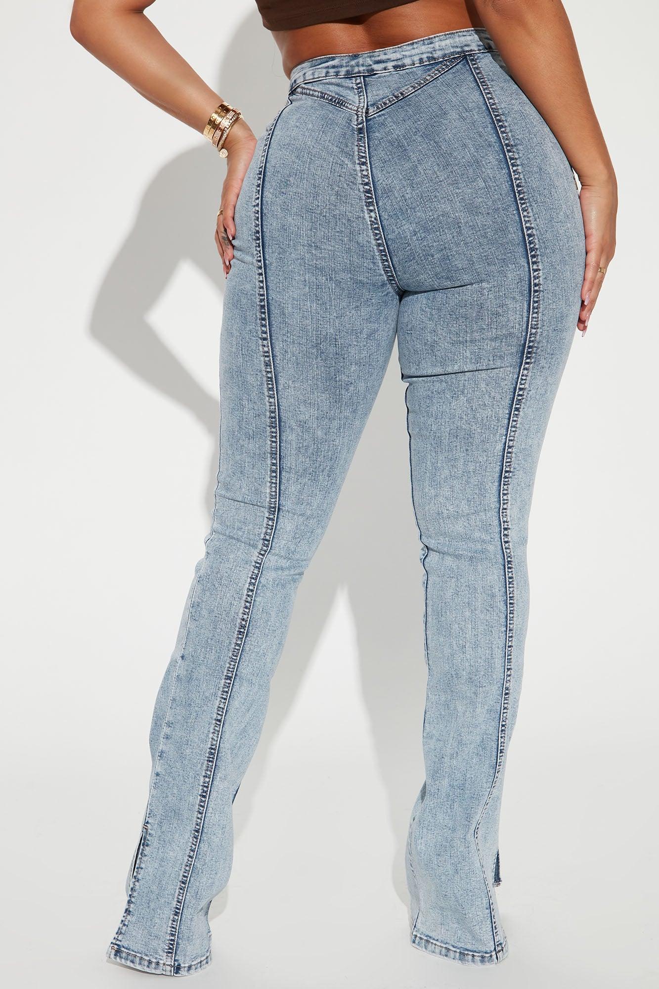 Side Slit Stretch Slim Bootcut Jeans - Acid Wash Denim Product Image