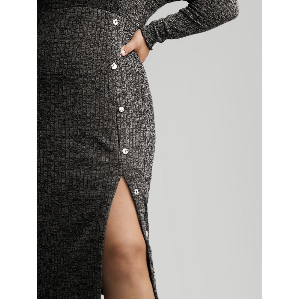 Plus Size Crew Neck Button Detail Split Hem Dress Black Women Leisure Texture Round Neck Long Sleeve Curvy BloomChic 14-16/1X Product Image