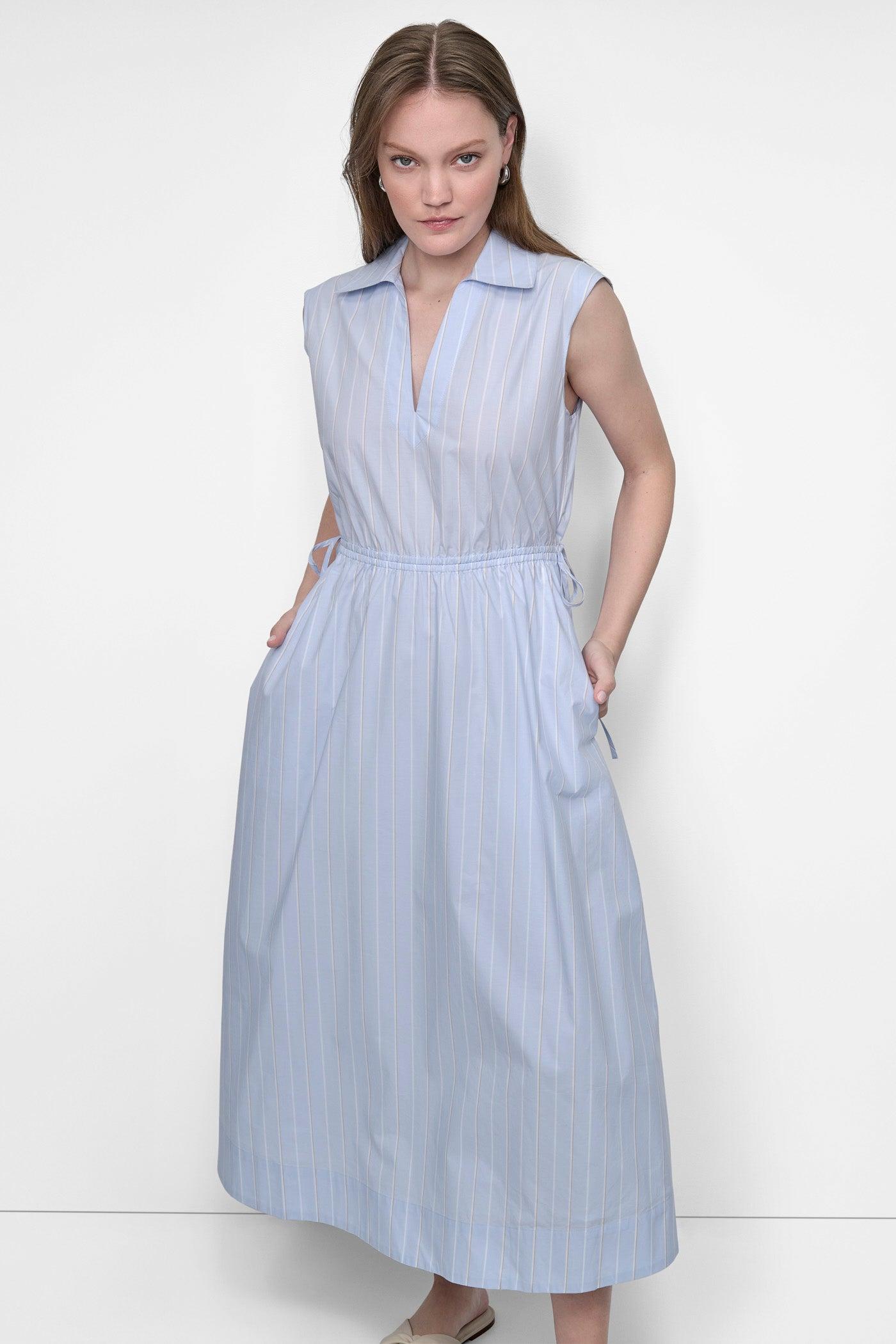 CUTOUT PINSTRIPED MIDI SHIRT DRESS Product Image