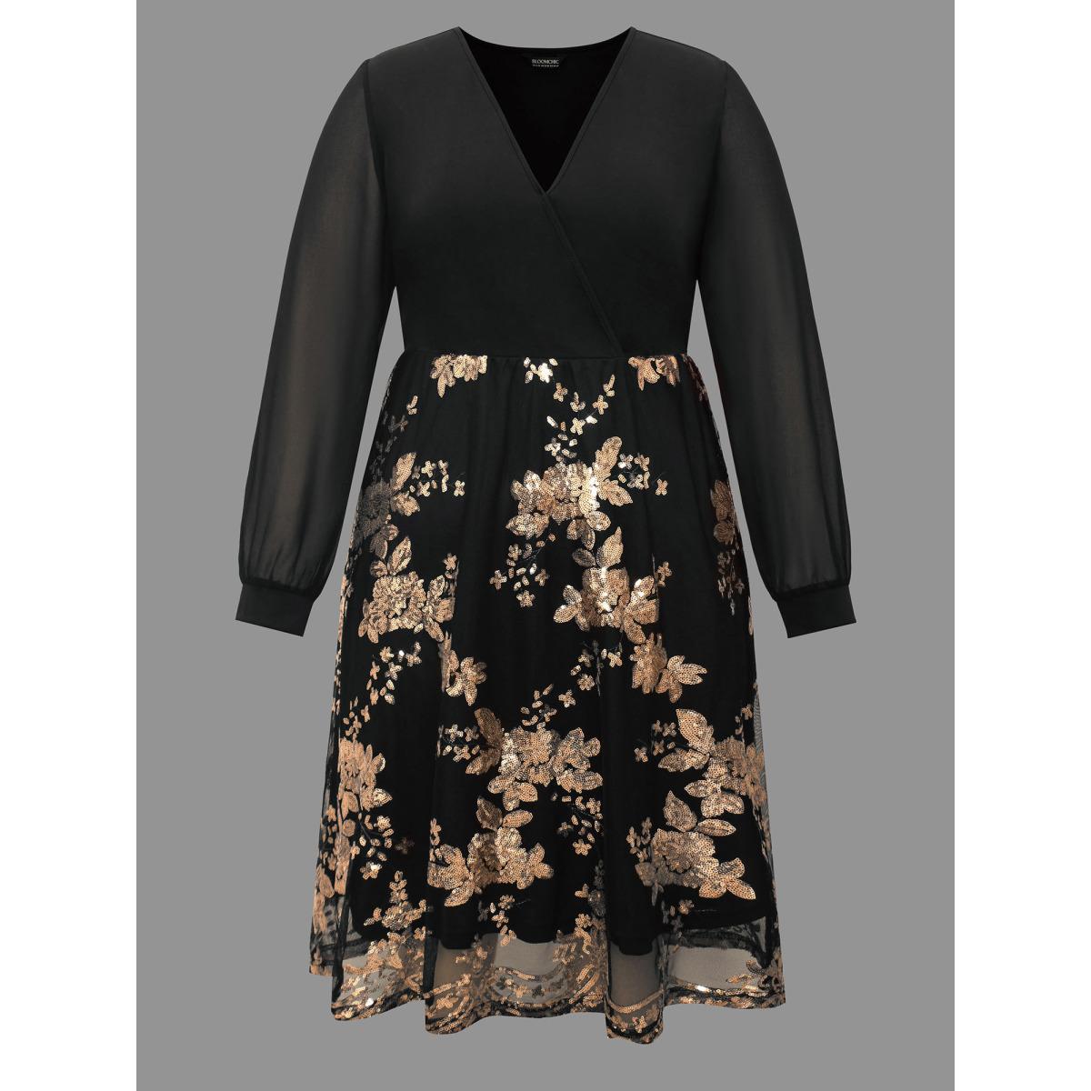 Plus Size Sequin Overlap Collar Sheer Sleeve Lined Dress Black Women Cocktail Texture Party Curvy Bloomchic 18-20/2X Product Image
