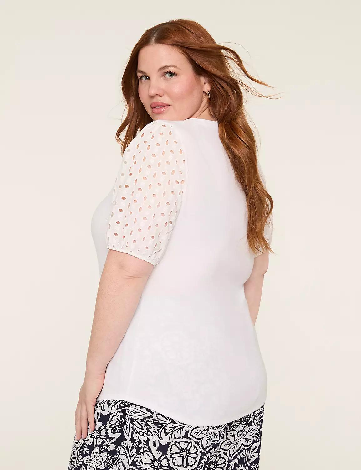 Eyelet-Sleeve Notch-Neck Rib Top Product Image