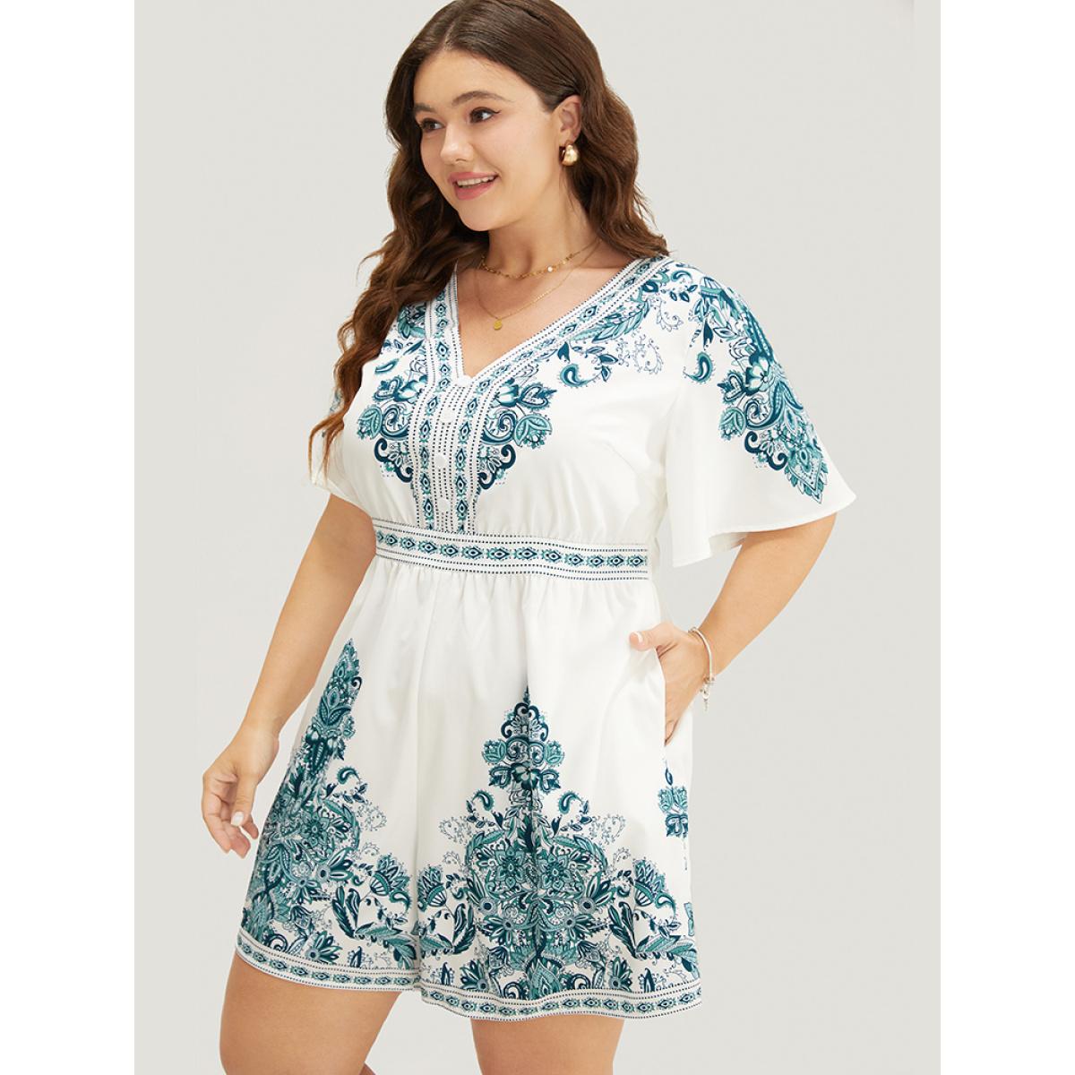 Plus Size Emerald Bandana Print Ruffle Sleeve Pocket Button Detail Romper Women Vacation Short sleeve V-neck Dailywear Loose Jumpsuits BloomChic 28/5X Product Image