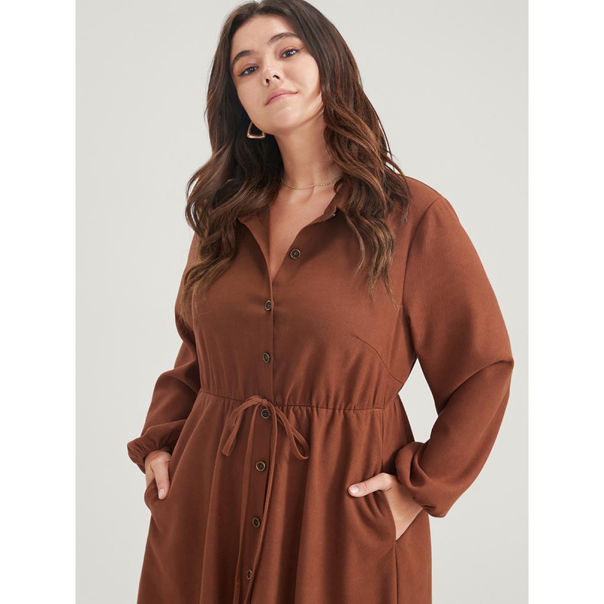 Plus Size Solid Tie Up Shirt Collar Pocket Button Detail Corduroy Dress Chocolate Women Office Button Shirt collar Long Sleeve Curvy Midi Dress BloomChic 10/M Product Image