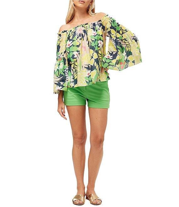 Trina Turk Perry Voile Tropical Palm Spring Print Off-The-Shoulder Long Sleeve Blouse Product Image
