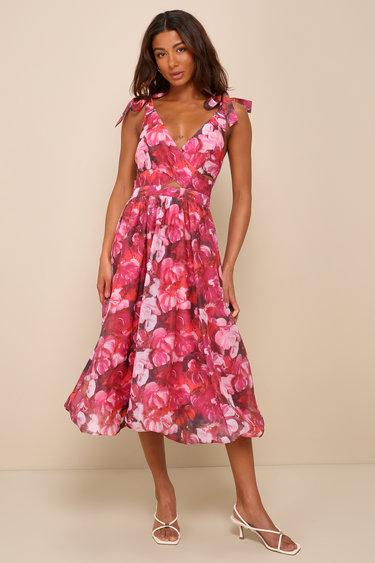 Flowering Day Dream Magenta Floral Organza Midi Bubble Dress Product Image