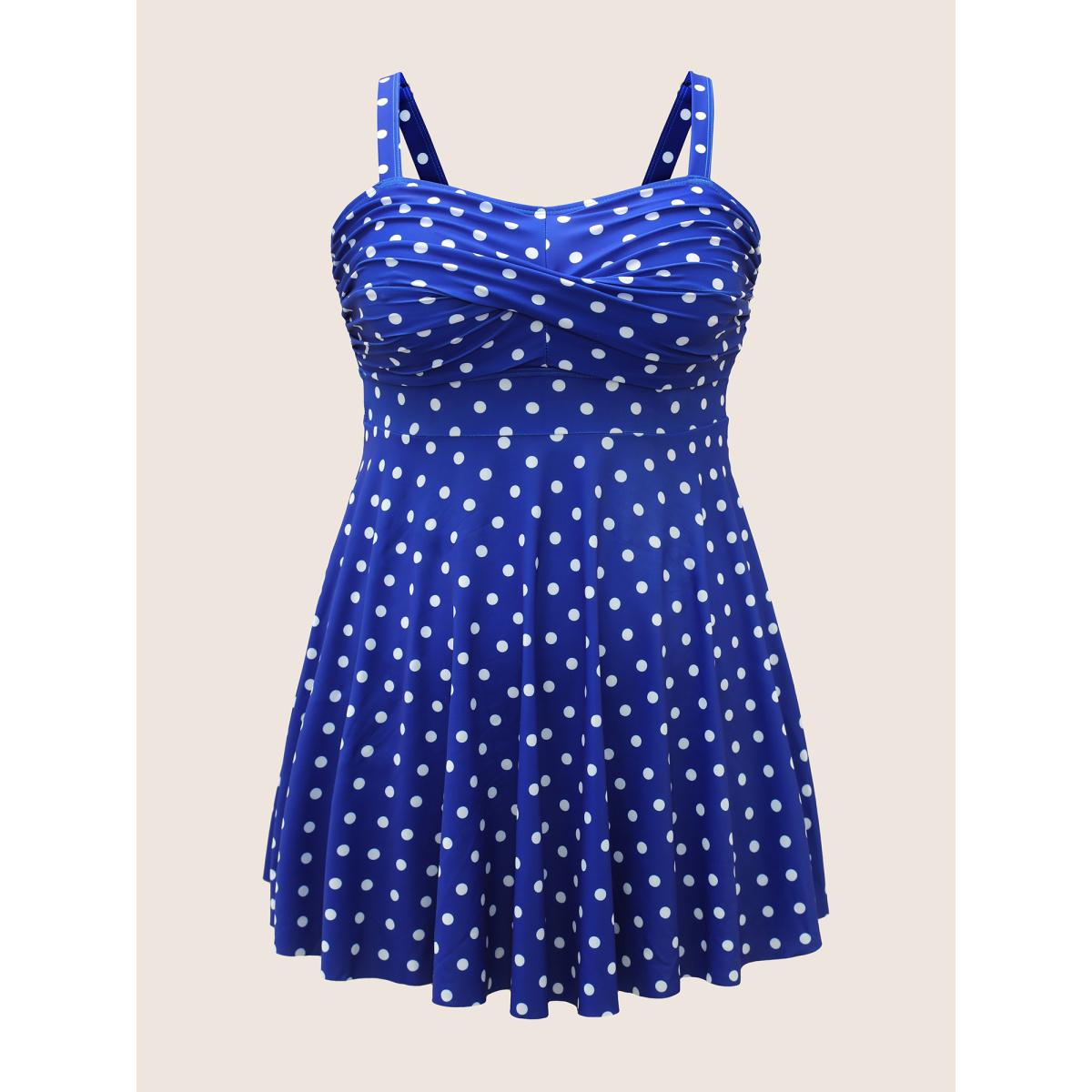 Plus Size Polka Dot Ruched Fit Flare Swim Dress Women's Swimwear Blue Beach Bodycon Strapless High stretch Curve Swim Dresses BloomChic 26/4X Product Image