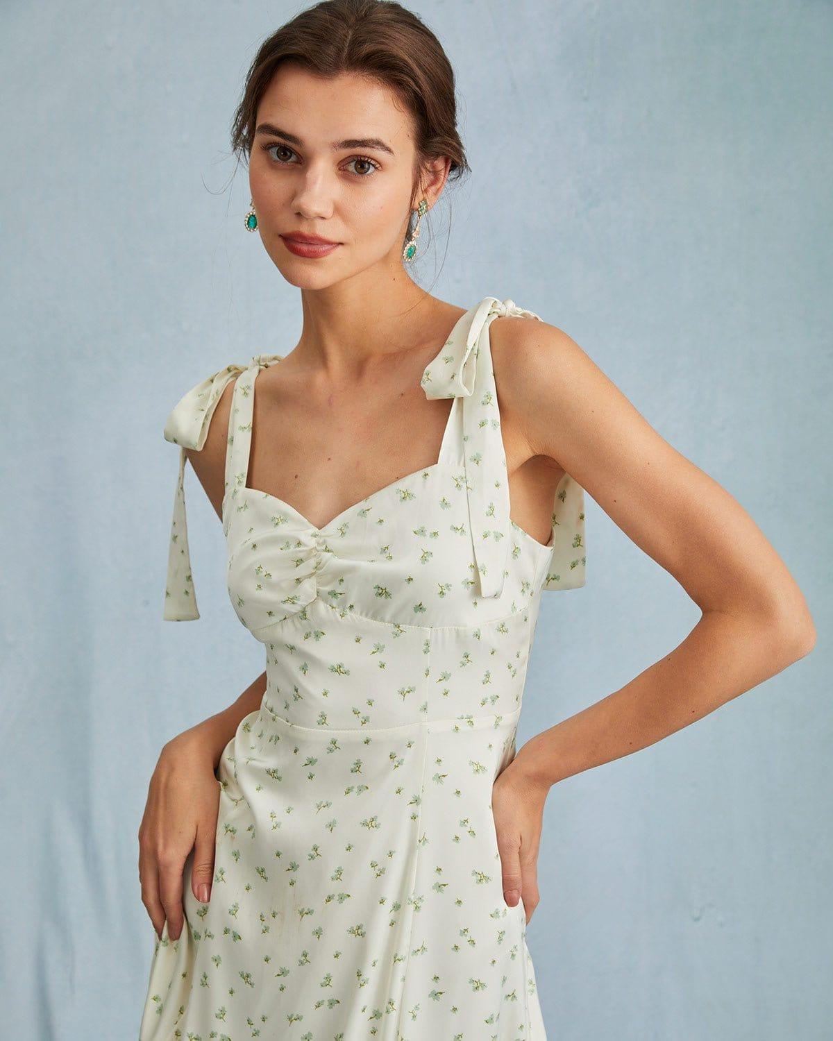 The Light Green Satin Floral Tie Strap Slit Midi Dress Product Image
