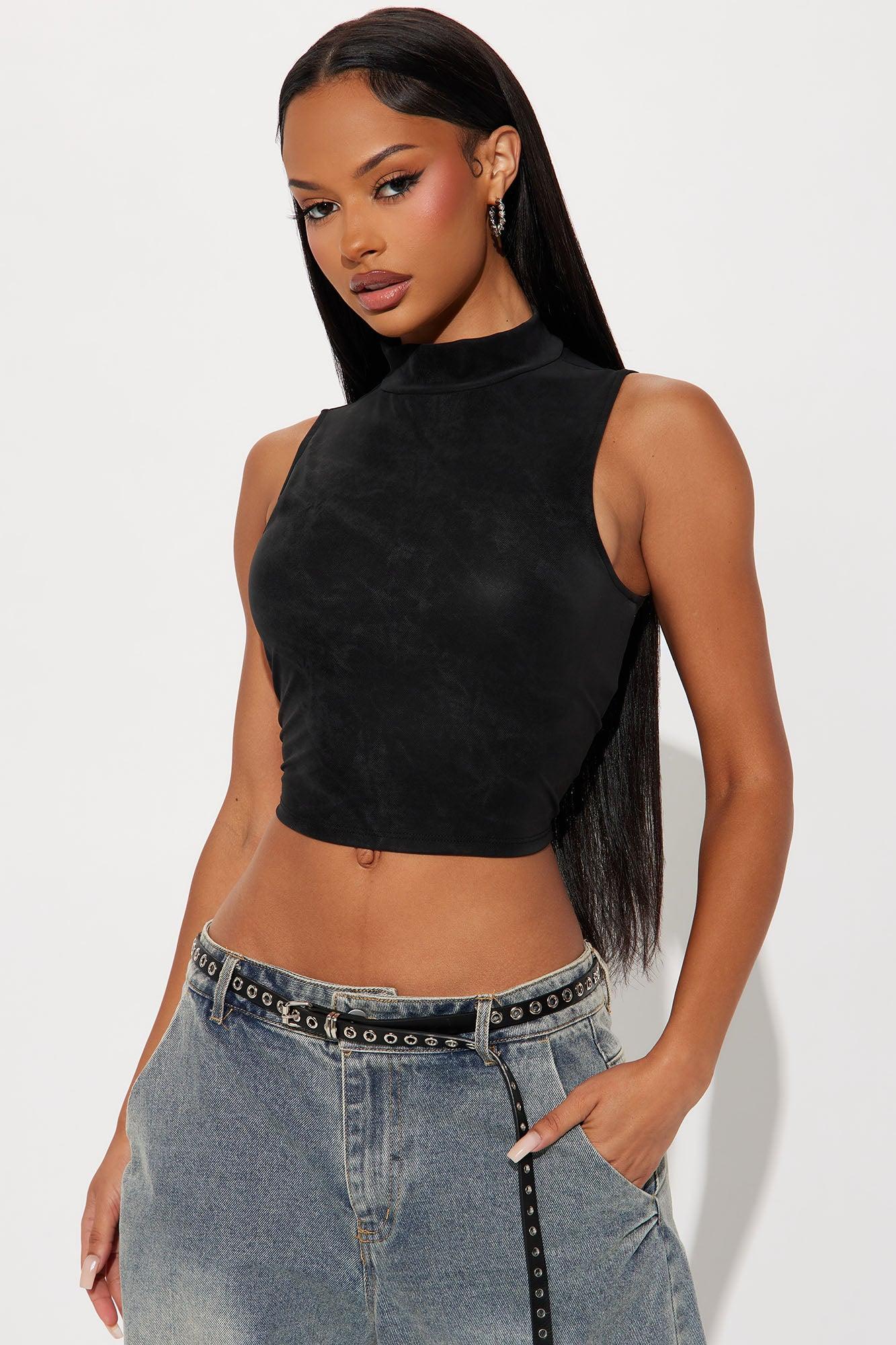 Molly Faux Leather Mock Neck Top - Black Female Product Image