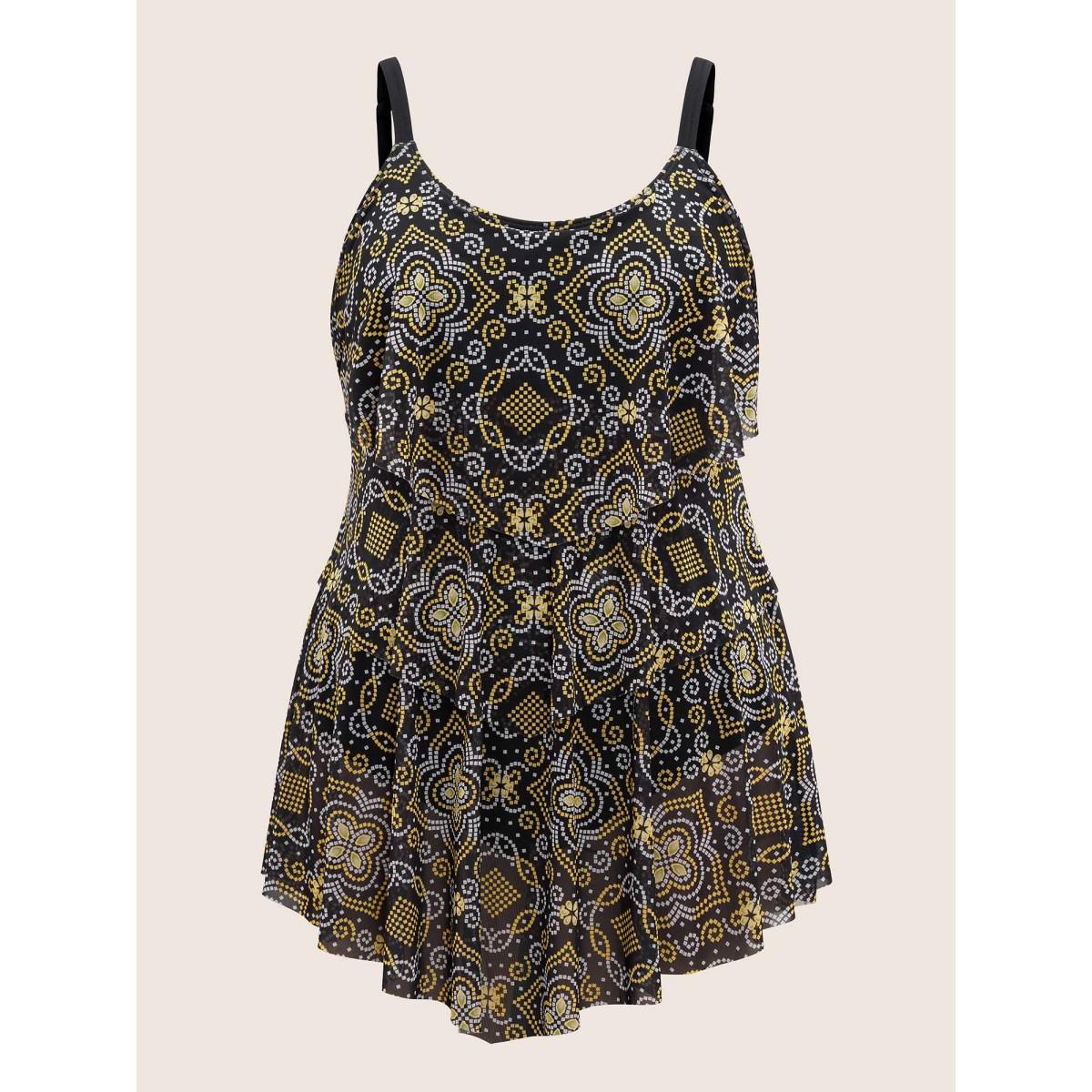 Plus Size Moroccan Print Mesh Adjustable Straps Swim Dress Women's Swimwear Black Beach Bodycon U-neck High stretch Curve Swim Dresses BloomChic 28/5X Product Image