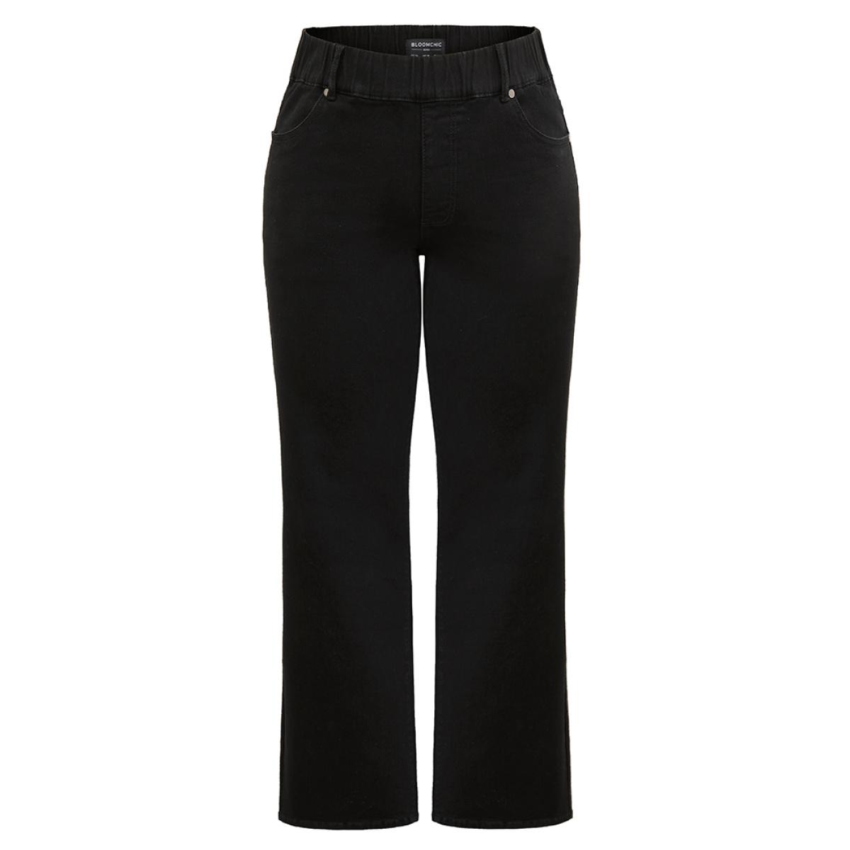 Plus Size Elastic Waist Black Wash Straight Leg Jeans Women Black Casual Plain Non High stretch Slanted pocket Jeans BloomChic 26/4X Product Image