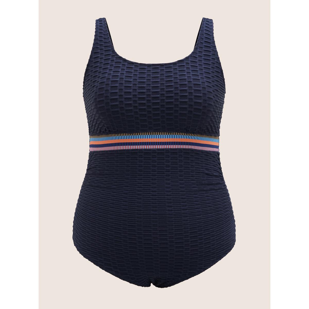 Plus Size U Neck Patchwork Contrast Webbing One Piece Swimsuit Women's Swimwear Midnight Beach Woven ribbon&lace trim Curve Bathing Suits High stretch One Pieces BloomChic 12/L Product Image