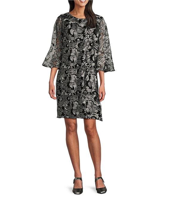 Caroline Rose Bella Soiree Embroidered Mesh Lace 3/4 Bell Sleeve Shift Dress Product Image