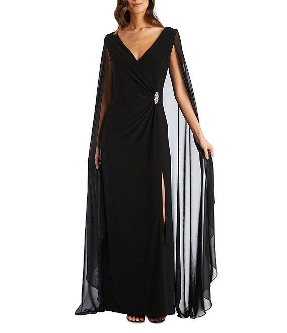 R & M Richards Chiffon V-Neck Sleeveless Duster Cape Sheath Dress Product Image