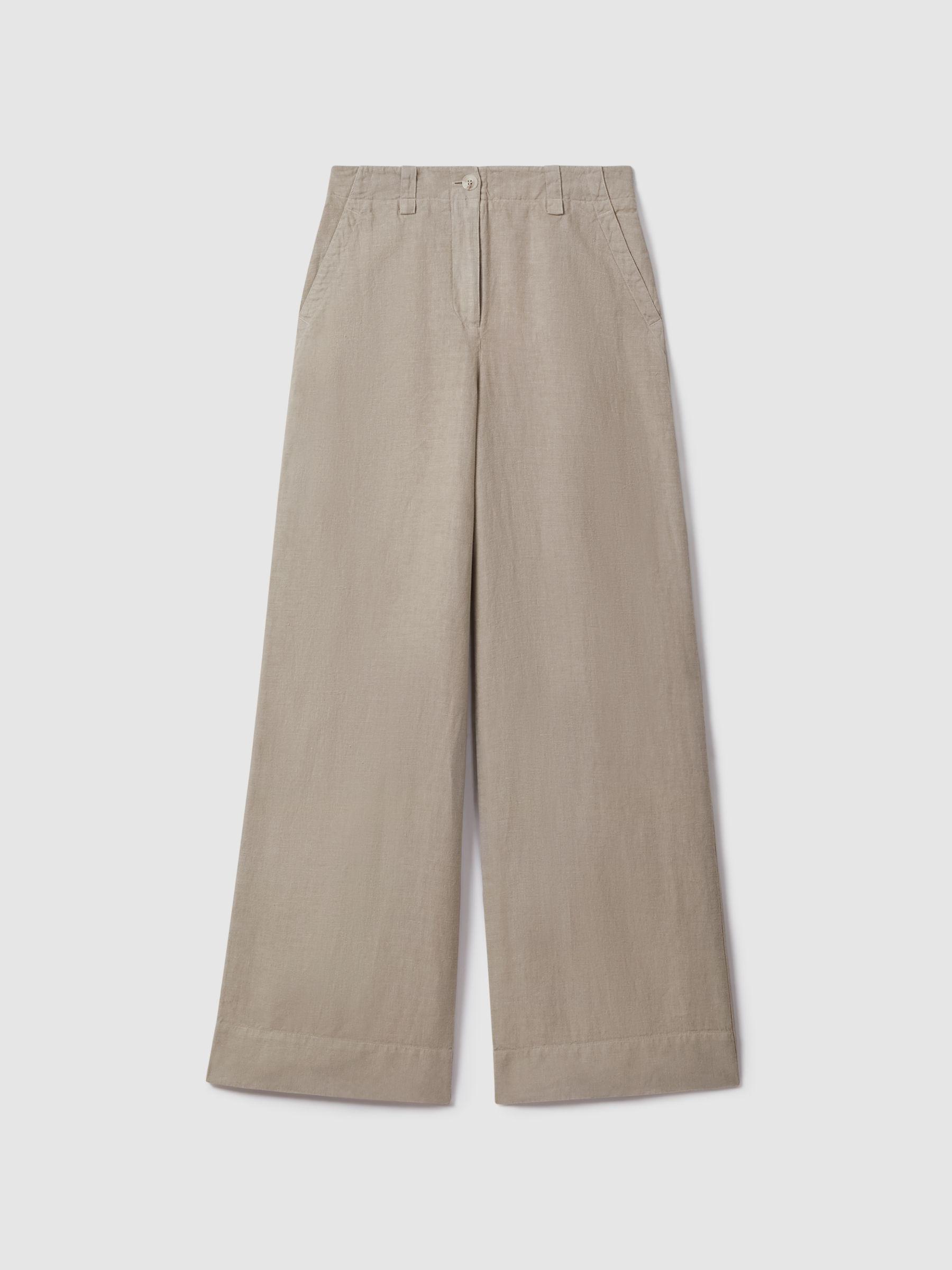 Linen Wide Leg Garment Dyed Trousers in Light Khaki Product Image