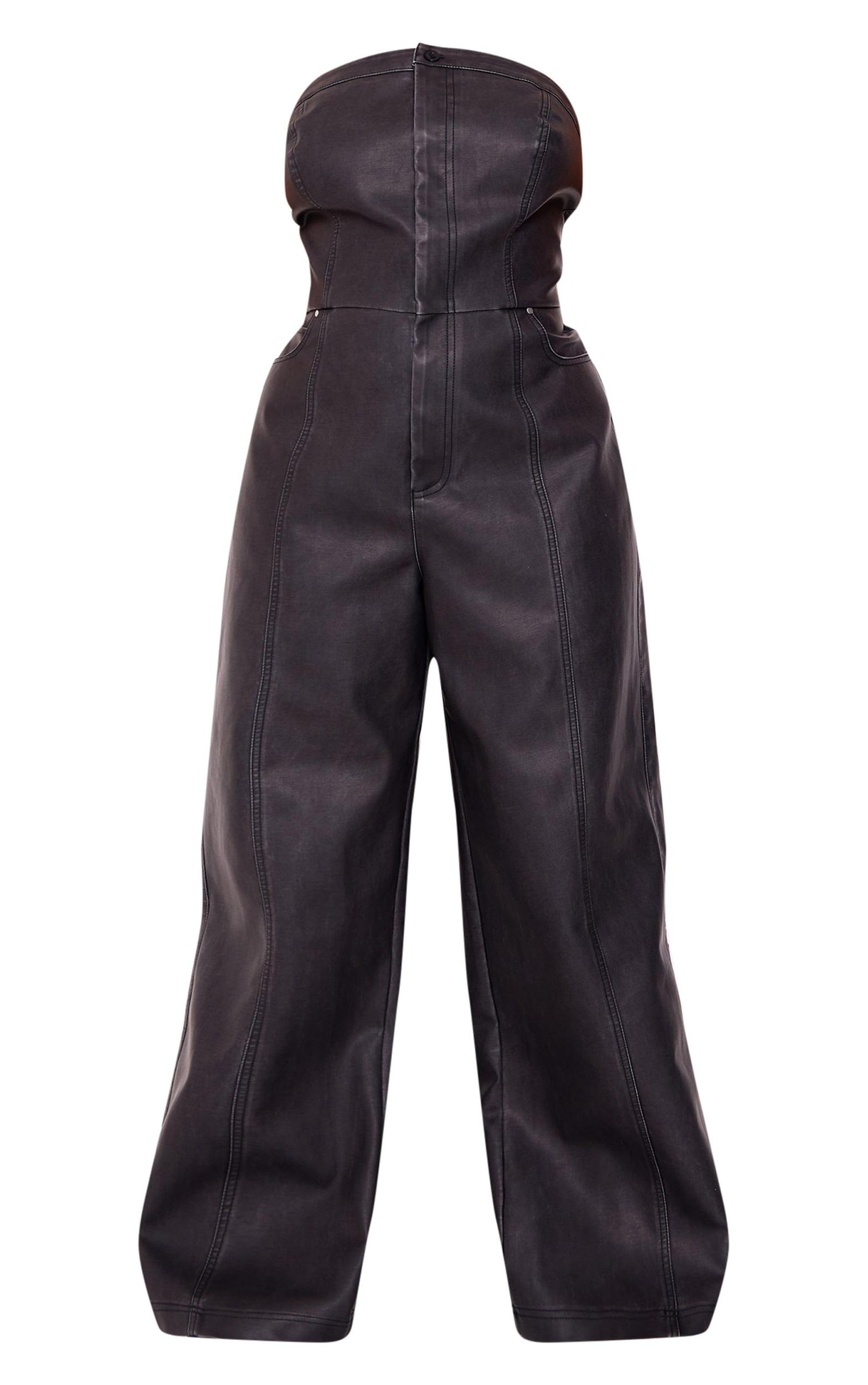 Plus Black Faux Leather Bandeau Lace Back Straight Leg Jumpsuit Product Image