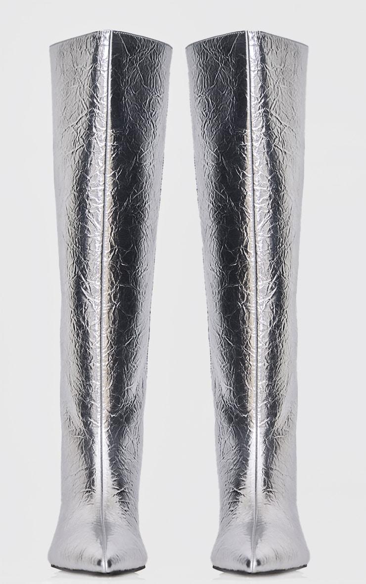 Silver Crinkle PU Point Toe Low Stiletto Knee High Heel Boots Product Image