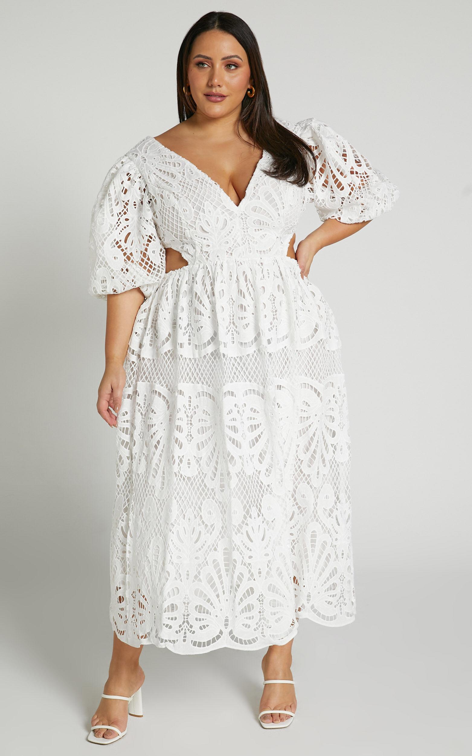 Anieshaya Midi Dress - V Neck Cut Out Lace Dress in White Product Image