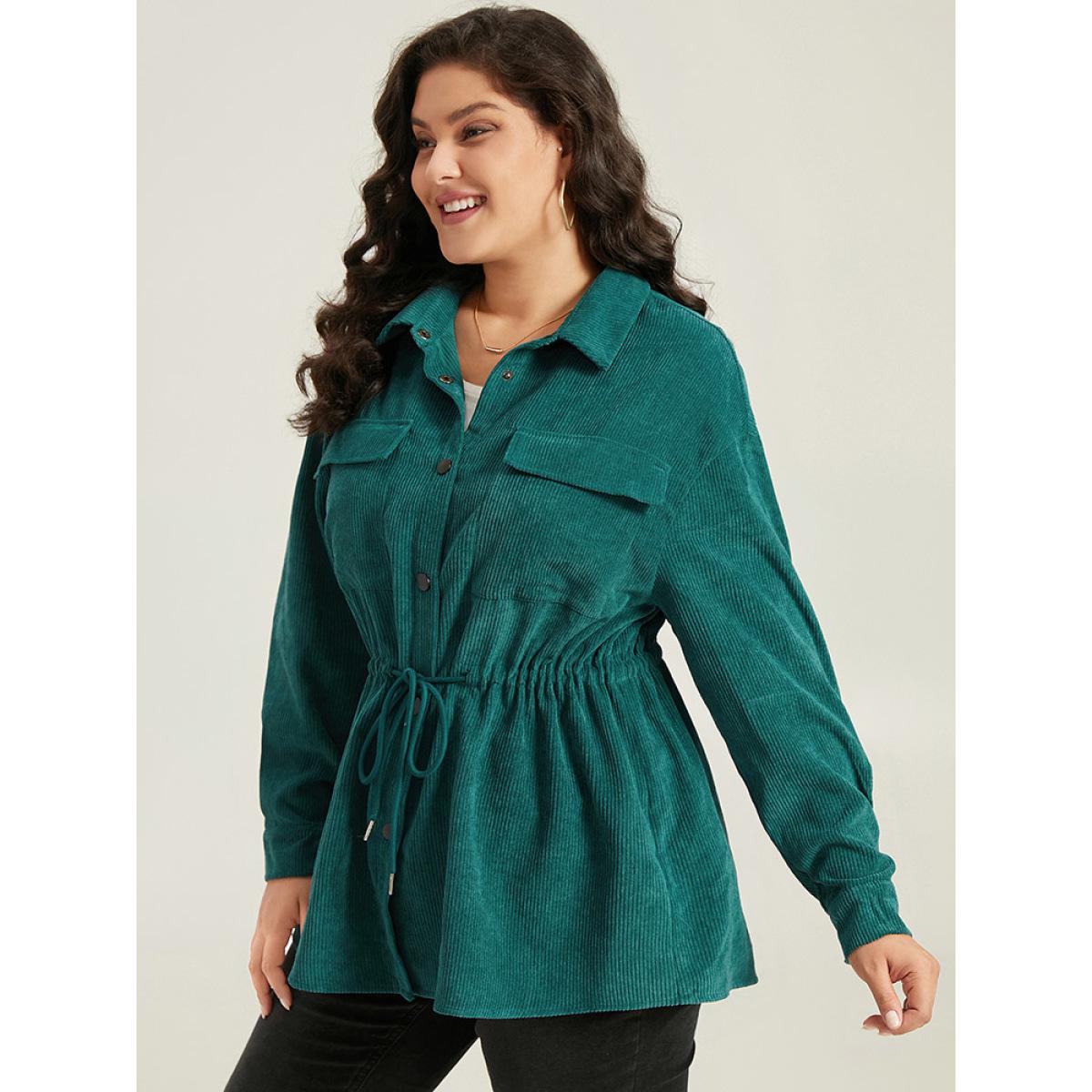 Plus Size Plain Corduroy Pocket Button Up Drawstring Gathered Coat Women Cyan Casual Plain Ladies Dailywear Winter Coats BloomChic 10/M Product Image