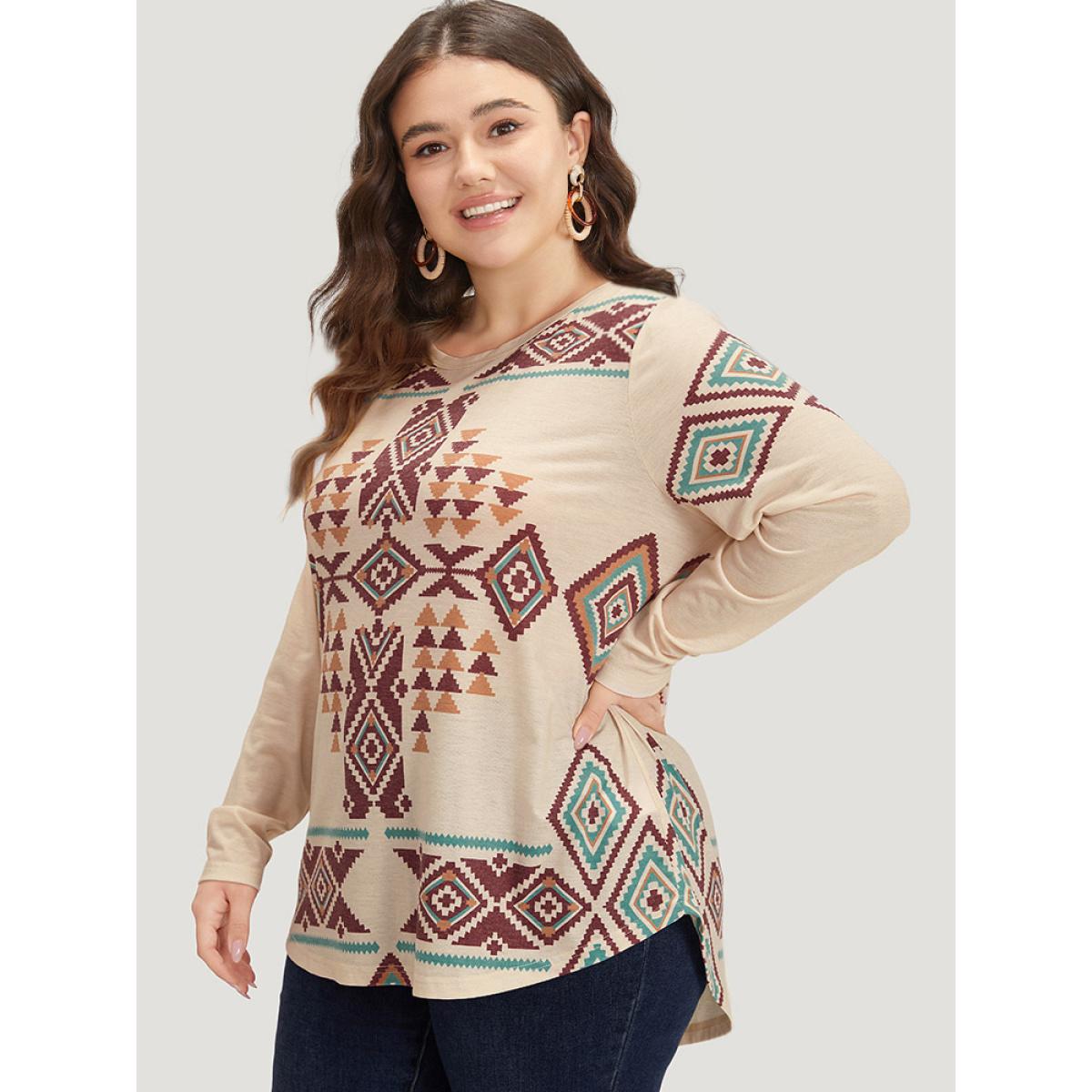 Plus Size Boho Print Crew Neck Curved Hem T-shirt Apricot Women Casual Printed Bohemian Print Round Neck Dailywear T-shirts BloomChic 14-16/1X Product Image