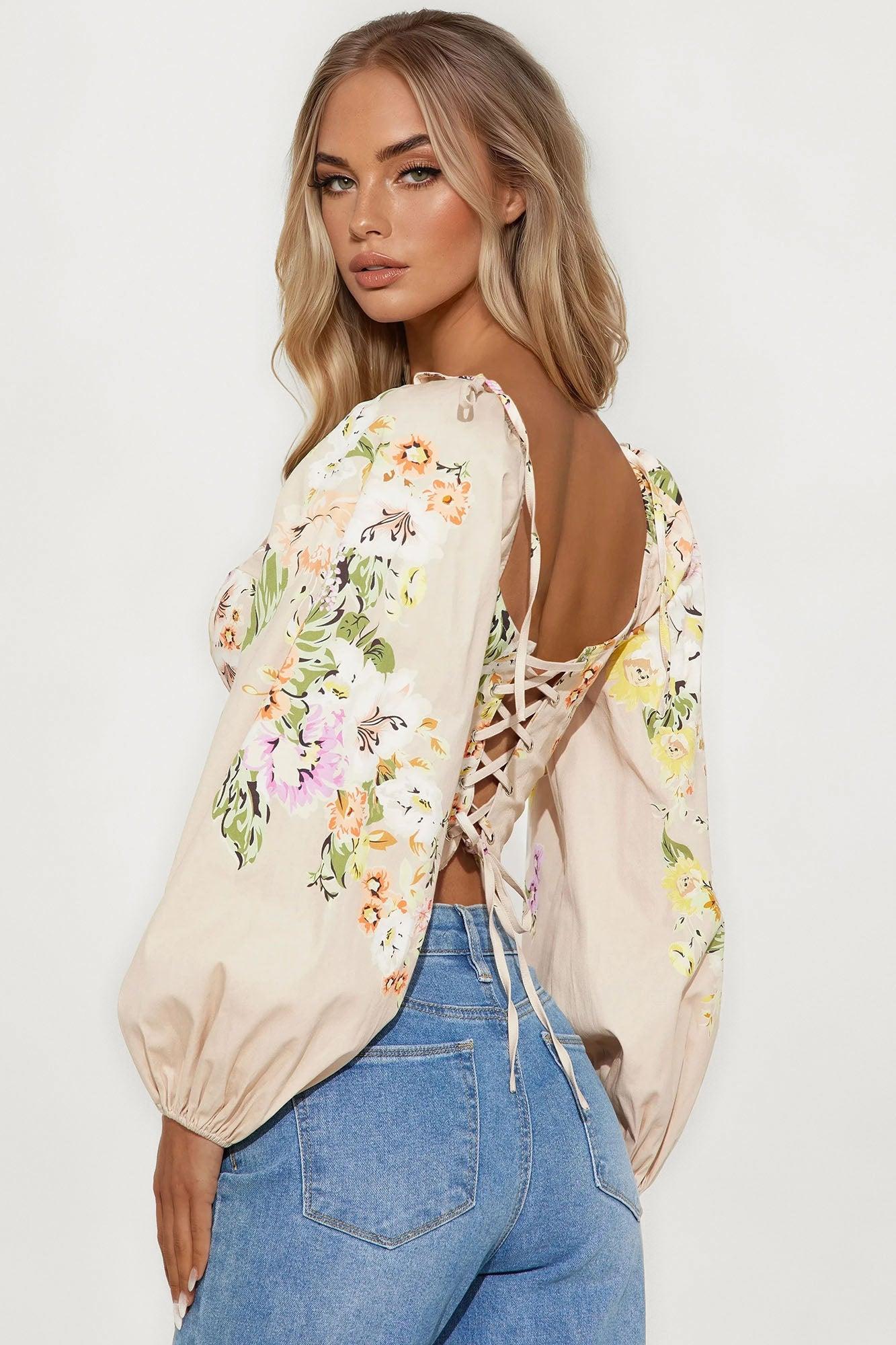 Garden Fields Floral Lace Up Blouse - Blush/combo Product Image