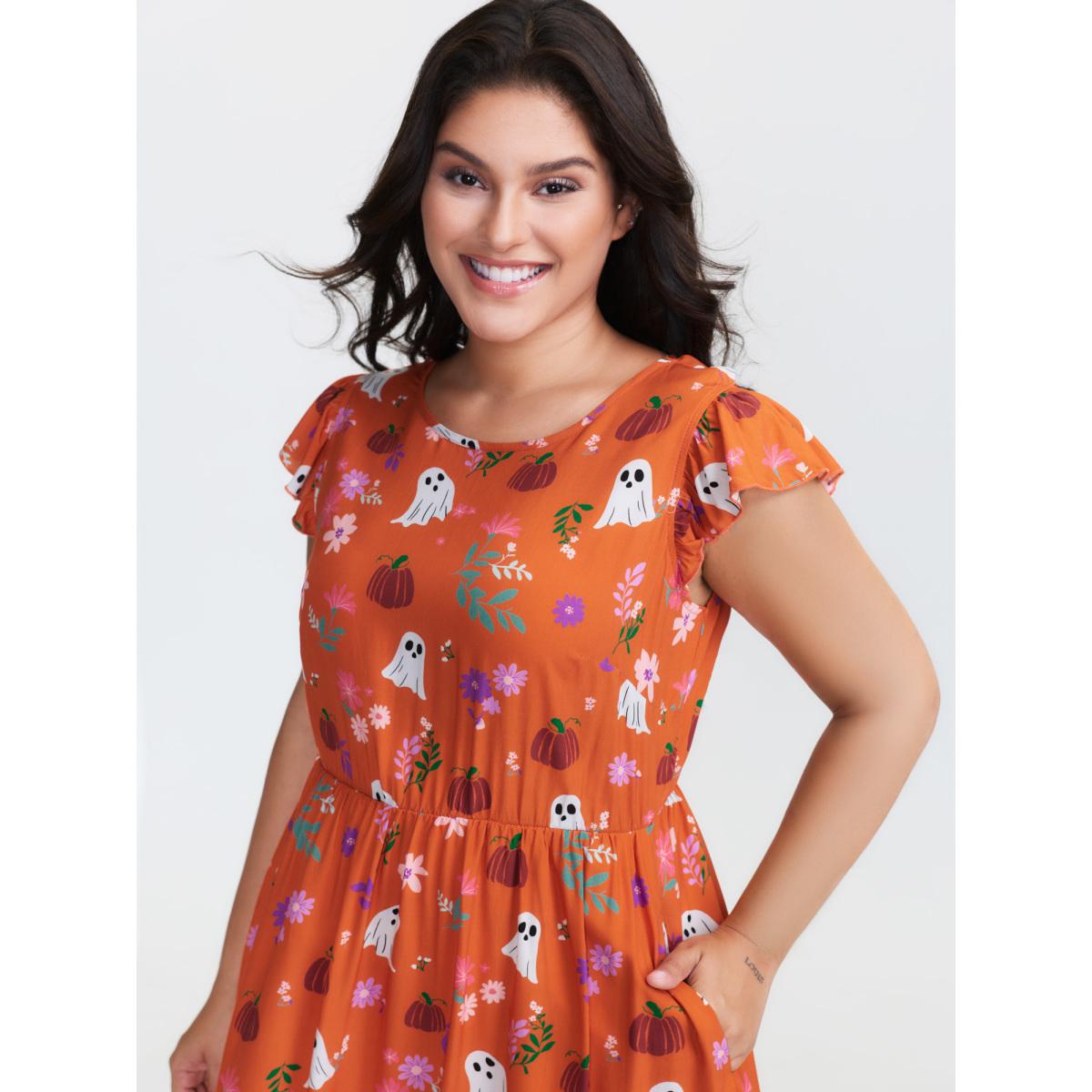 Plus Size Ghost Party Rayon Pockets Midi Dress OrangeRed Women Playful Round Neck Cap Sleeve Curvy BloomChic 10/M Product Image
