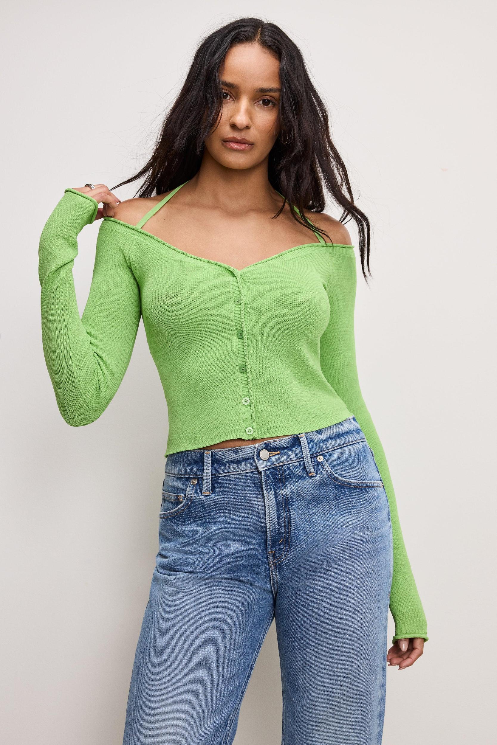 STRETCH RIB KNIT OFF SHOULDER TOP | LIME005 Product Image