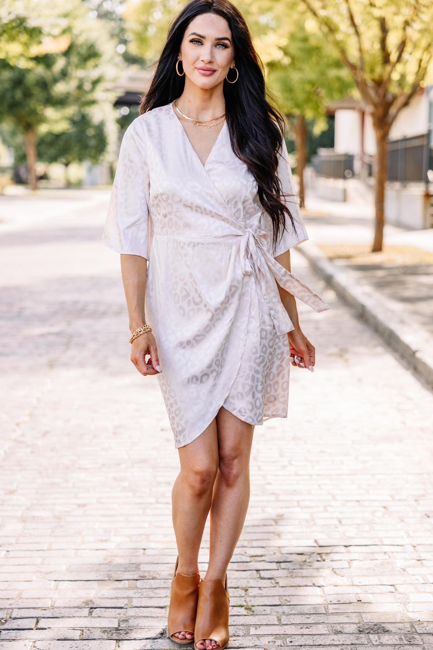 Make Your Mark Champagne White Satin Leopard Wrap Dress Female Product Image