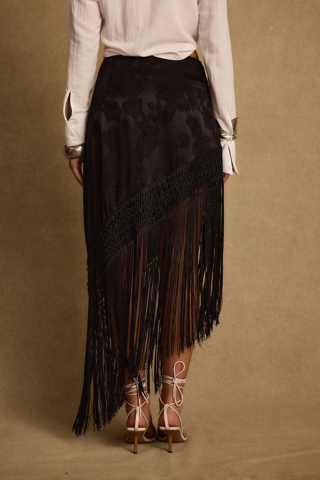Frankie Black Satin Jacquard Fringe Midi Skirt Product Image
