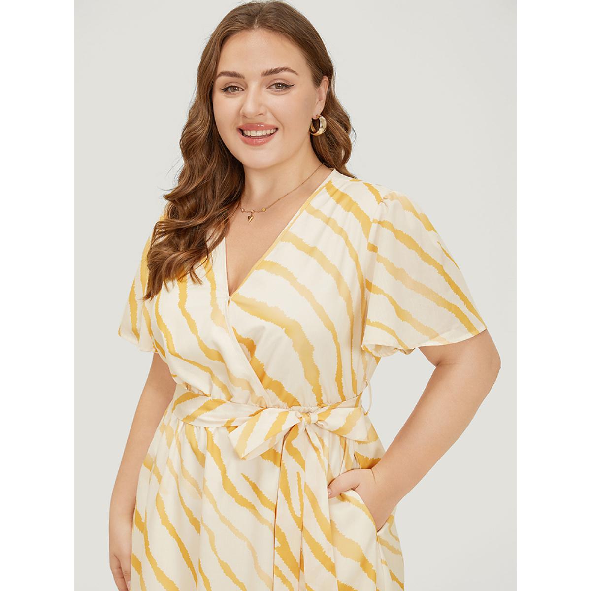 Plus Size Zebra Print Wrap Pocket Belt Ruffle Sleeve Split Dress Yellow Women Elegant Wrap V-neck Short sleeve Curvy Midi Dress BloomChic 18-20/2X Product Image