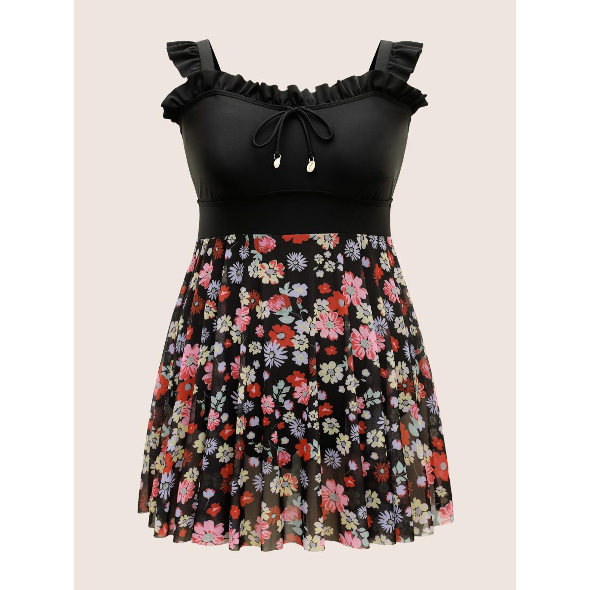 Plus Size Floral Mesh Patchwork Ruffles Tie Knot Swim Dress Women's Swimwear Black Beach Bodycon Heart neckline High stretch Curve Swim Dresses BloomChic 26/4X Product Image