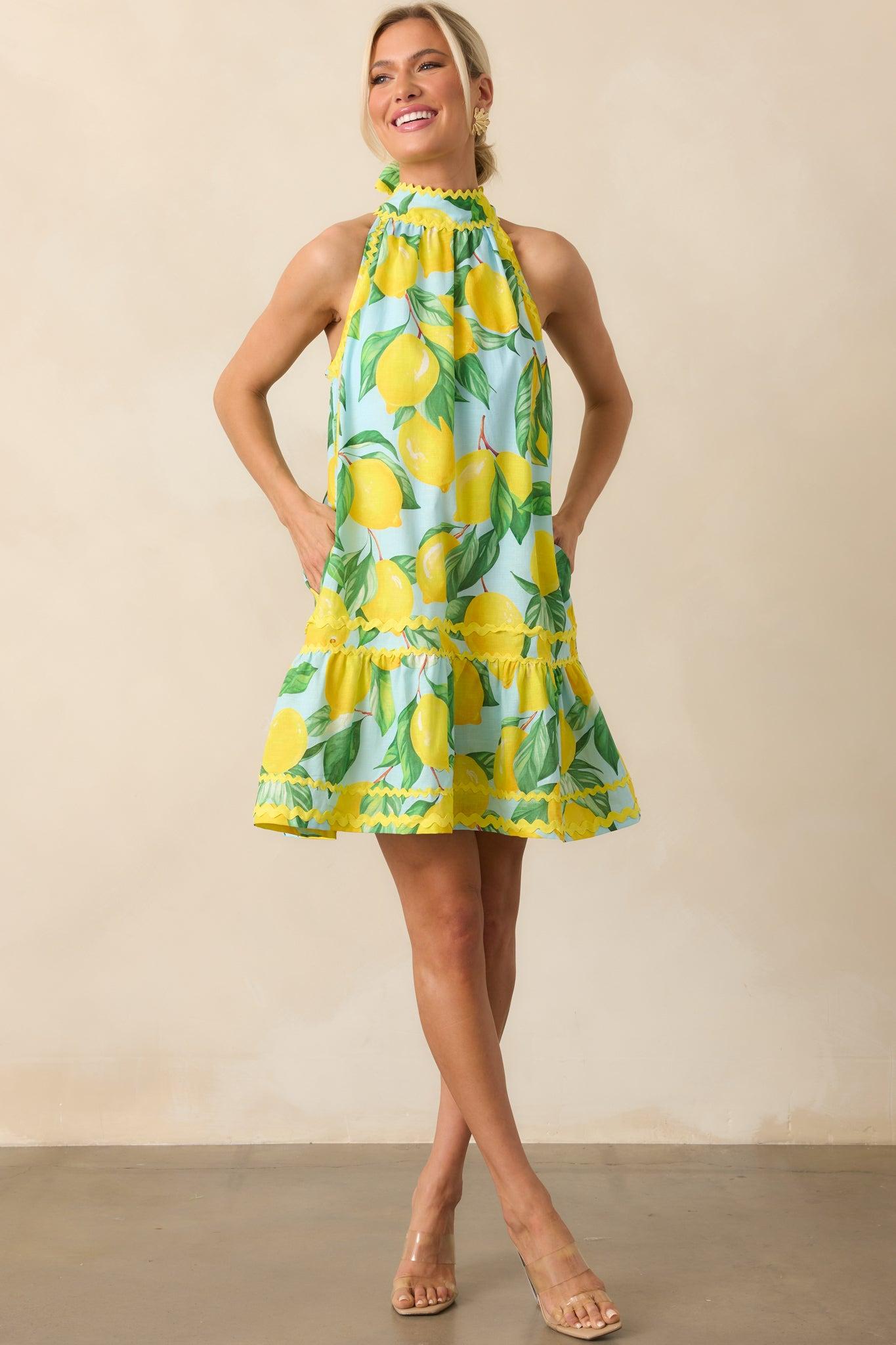 Prosperina Simone Blue Lemon Print Cotton Halter Mini Dress Product Image