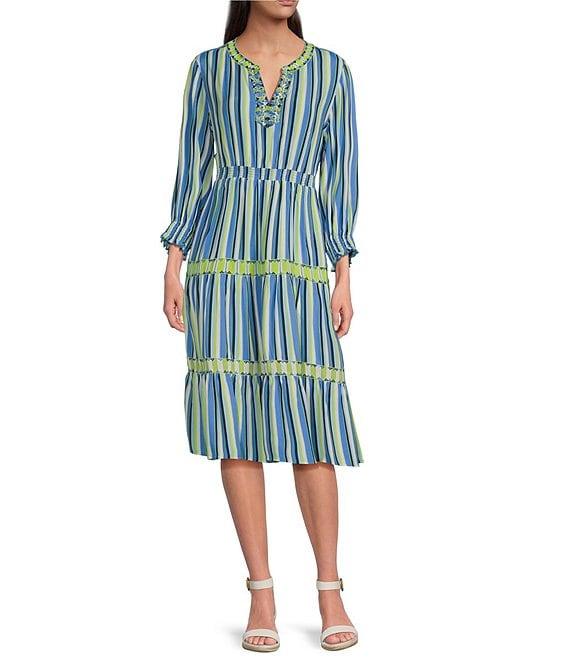 John Mark Embroidered Stripe V-Neck Long Ruffle Sleeve Tiered Popover Midi Dress Product Image
