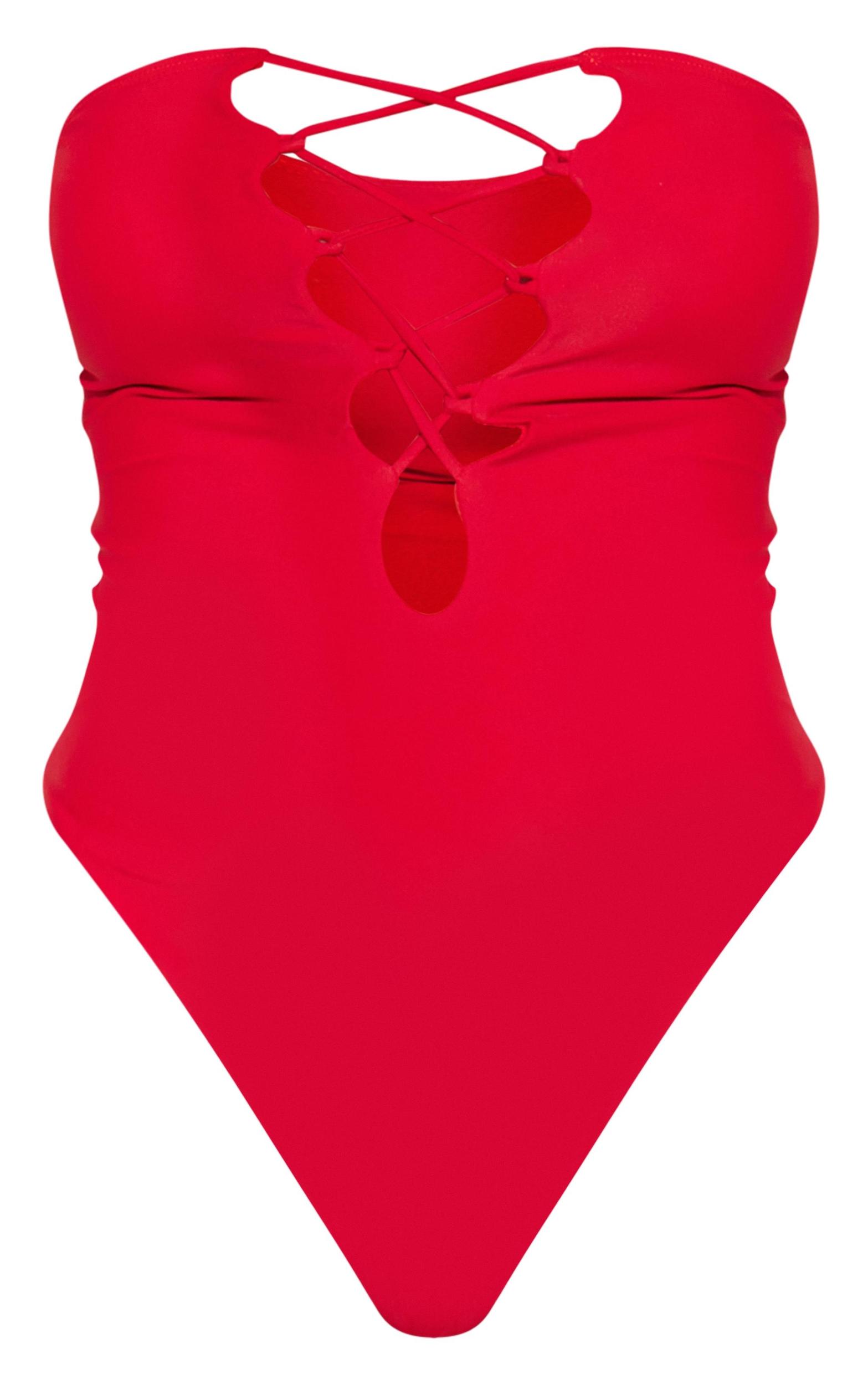 Red Lace Up Bandeau High Leg Swimsuit Product Image