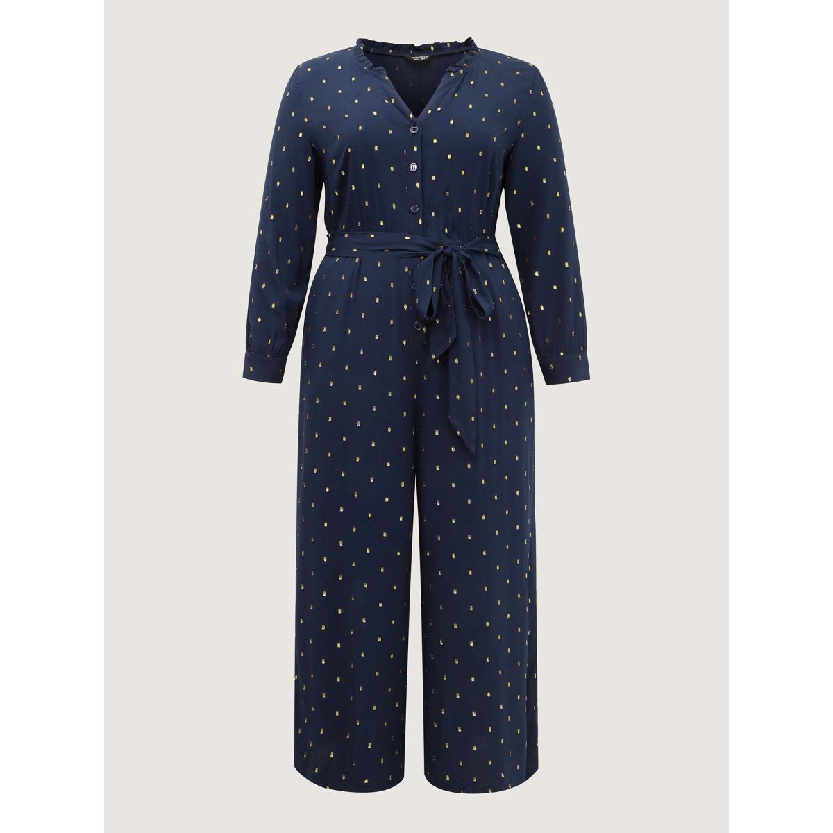 Plus Size Indigo Supersoft Jacquard Dots Belted Jumpsuit Women Party&Cocktail Extra Long Sleeve Flat collar with V-notch Party Loose Jumpsuits BloomChic 14-16/1X Product Image