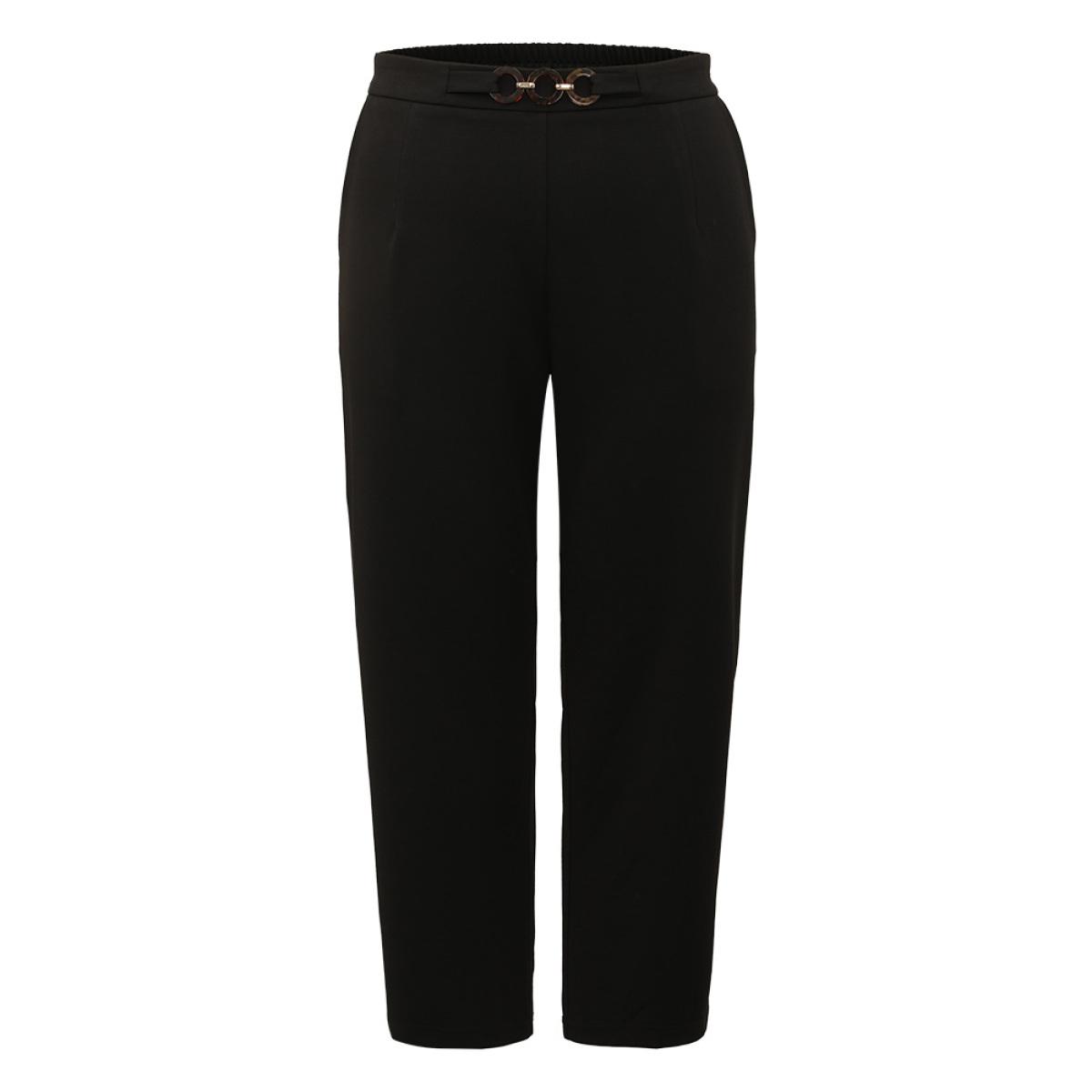 Plus Size Plain Pocket Buckle Detail Elastic Waist Pants Women Black Office Bodycon High Rise Office Pants BloomChic 26/4X Product Image