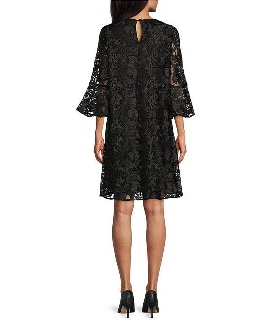 Caroline Rose Bella Soiree Embroidered Mesh Lace 3/4 Bell Sleeve Shift Dress Product Image