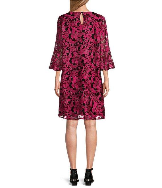Caroline Rose Bella Soiree Embroidered Mesh Lace 3/4 Bell Sleeve Shift Dress Product Image