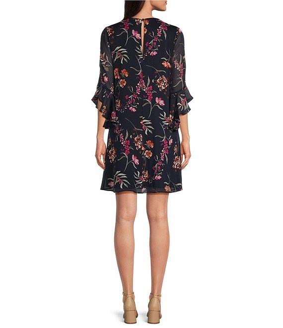 Calvin Klein 3/4 Sleeve V-Neck Floral Chiffon Shift Dress Product Image