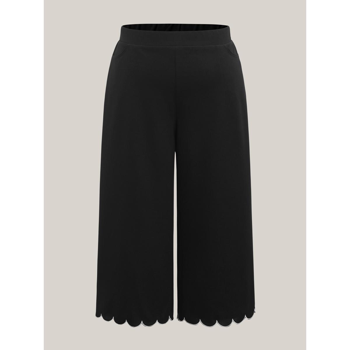 Plus Size Scalloped Hem Pull-On Wide-Leg Pants Women Black Timeless Wide Leg Mid Rise Elegant Pants BloomChic 18-20/2X Product Image