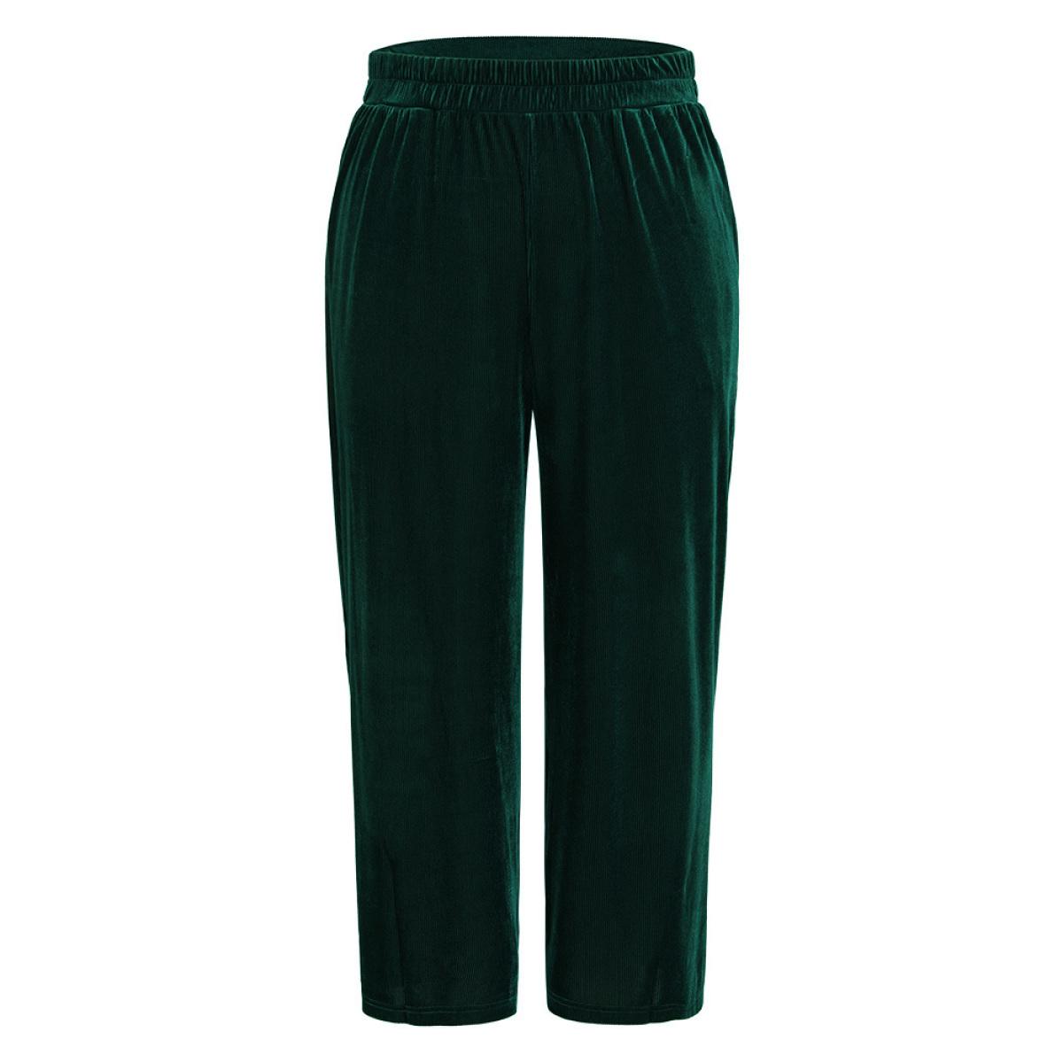 Plus Size Solid Textured Velvet Elastic Waist Gathered Pants Women DarkGreen Glamour Wide Leg High Rise Going out Pants BloomChic 12/L Product Image