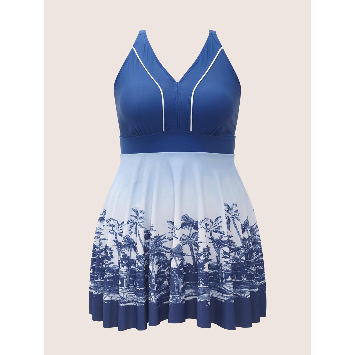 Plus Size V Neck Tropical Print Contrast Swim Dress Women's Swimwear Cerulean Beach Bodycon V-neck High stretch Curve Swim Dresses BloomChic 14-16/1X Product Image