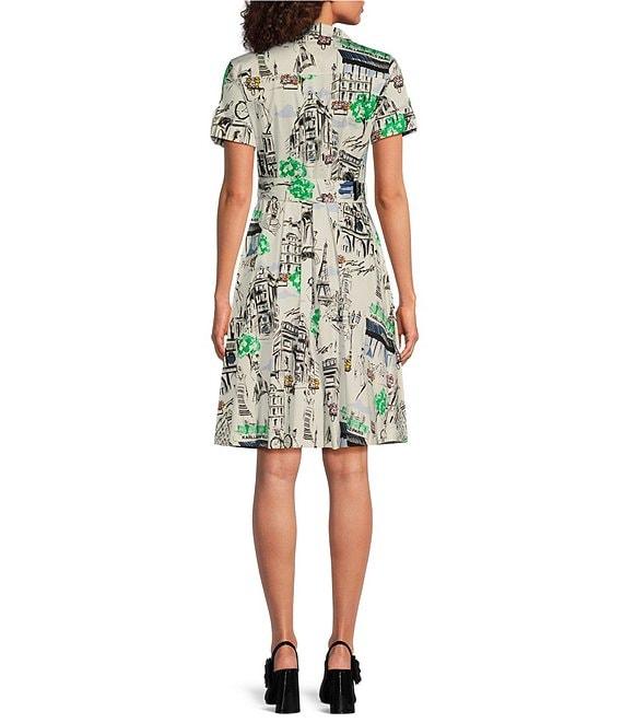 KARL LAGERFELD PARIS Poplin Printed Point Collar Short Sleeve Shirt Dress Product Image